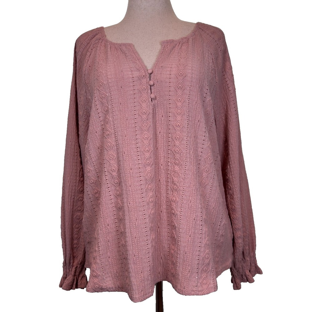 FRYE Peasant Blouse XXL Dusty Pink Rose Boho Dobby Jacquard Textured Popover Top